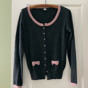 Portolano 100% Cashmere Dark Grey Button Cardigan With Pink Bow Accents